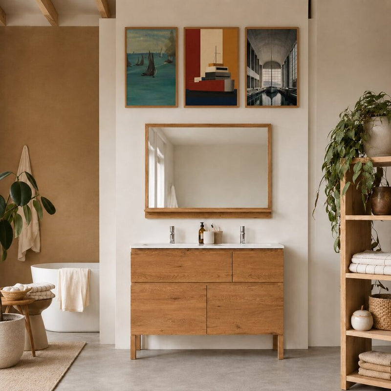 Salle de bain avec trois affiches encadrées au-dessus du miroir