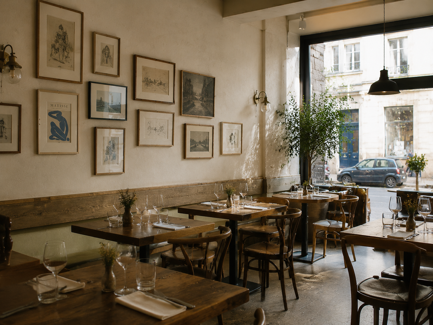Salle de bistrot parisien avec un mur d'affiches encadrées
