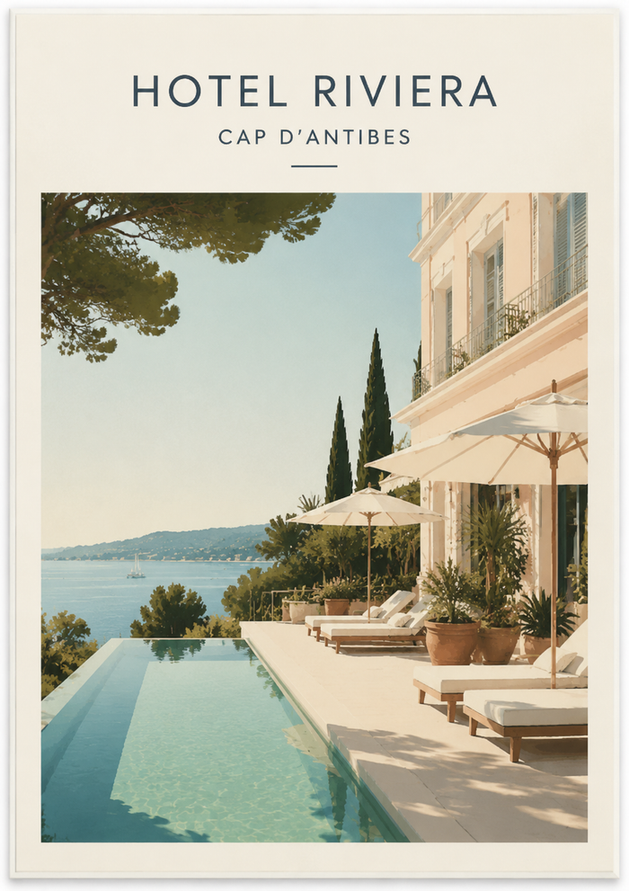 Affiche sur mesure pour un hôtel du bord de mer, nom de l'établissement en titre