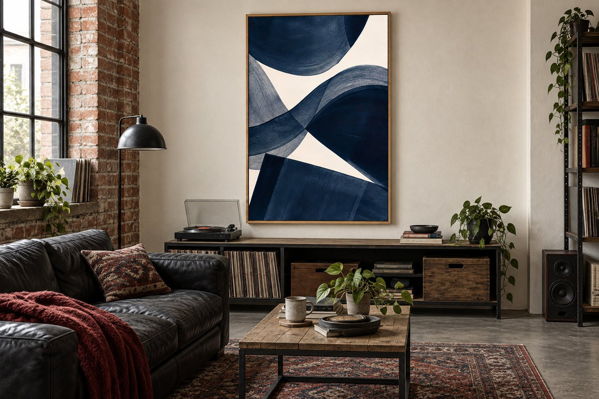 Room visualisation of a living room with an abstract navy arches print on a cream wall