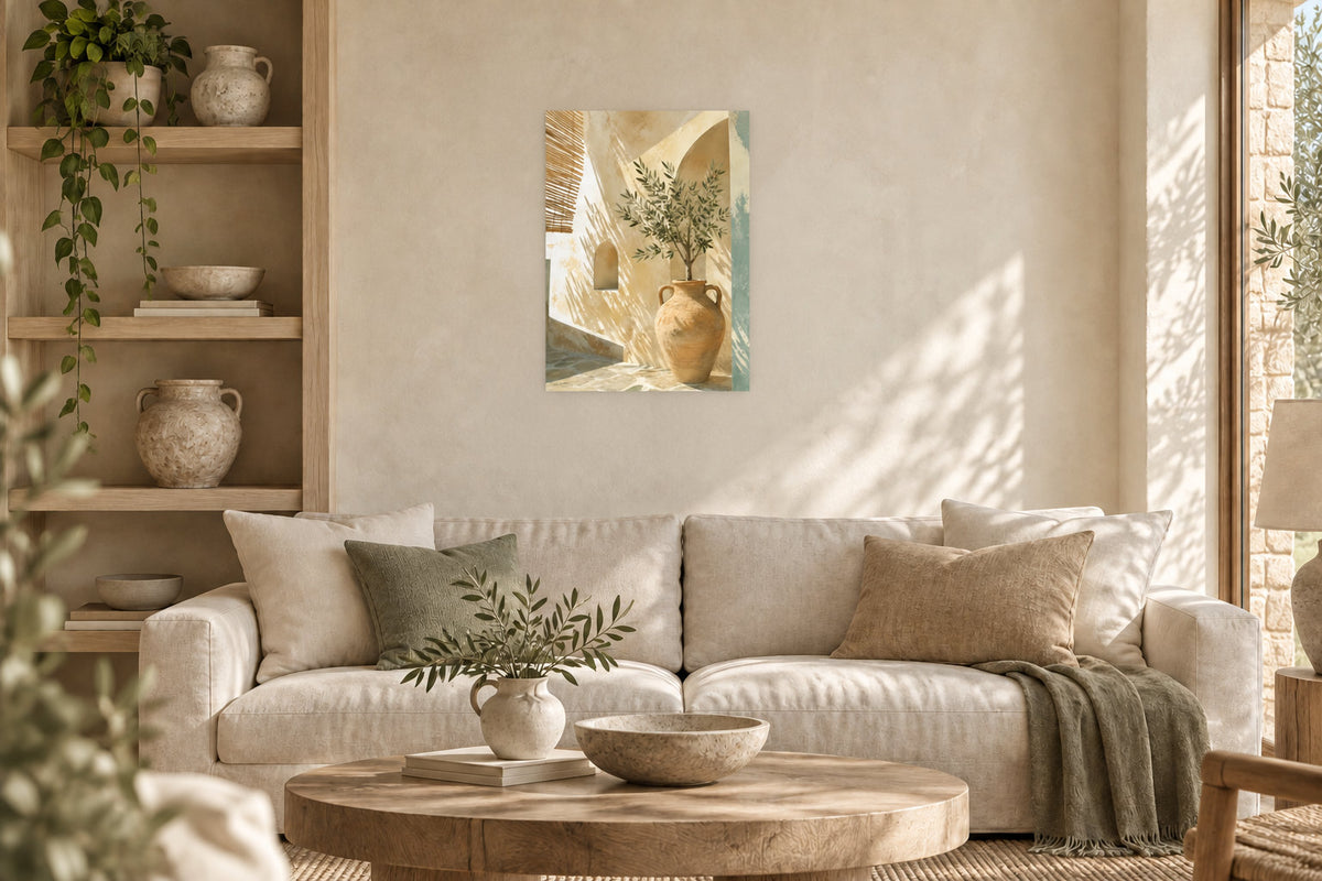 En liten poster ovanför en soffa för att jämföra dess närvaro i rummet.