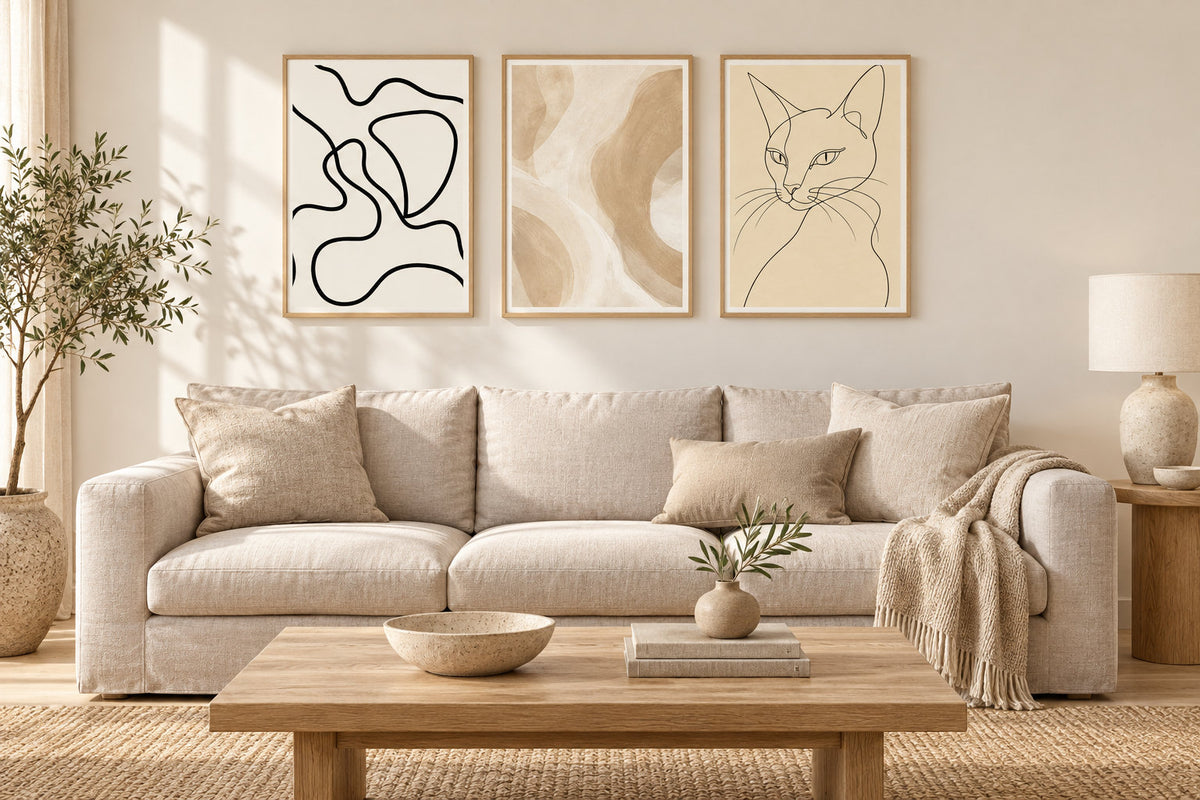 Drei schlichte Poster in Eichenrahmen an einer cremefarbenen Wand über einem hellen Sofa.