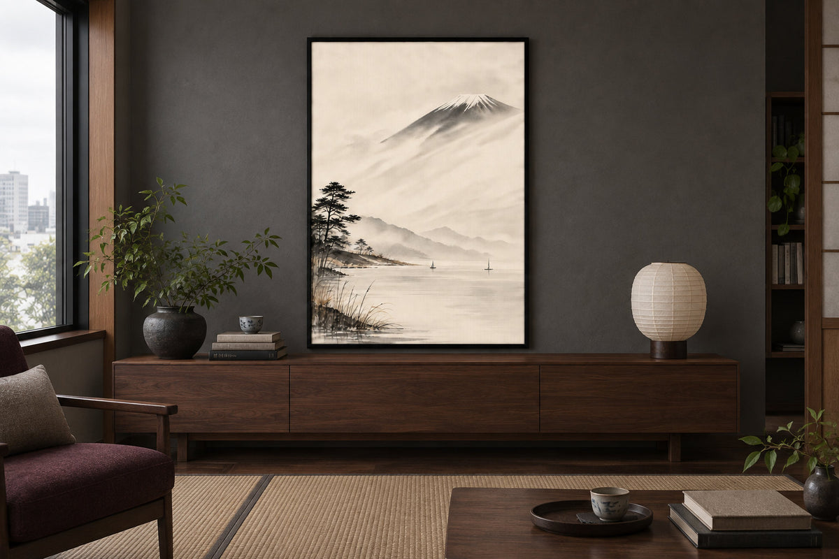 A Mount Fuji poster in a black frame on a charcoal wall above a dark wooden sideboard.