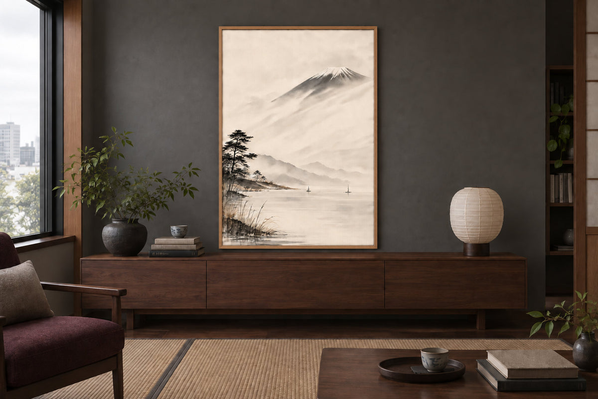 The same Mount Fuji poster in an oak frame, with the charcoal wall and sideboard unchanged.