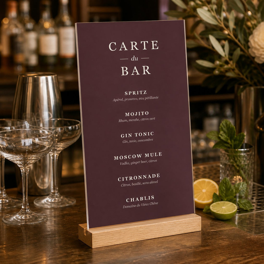 Menu del bar per matrimonio bordeaux presentato vicino ai bicchieri e alle bevande.