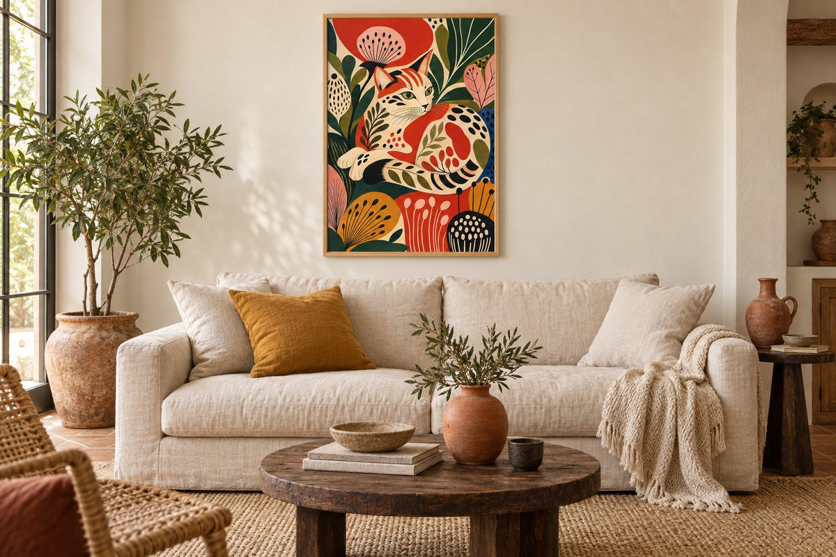 Interieursimulatie van een bohemian woonkamer met een poster van een kat tussen klaprozen op een crèmekleurige muur