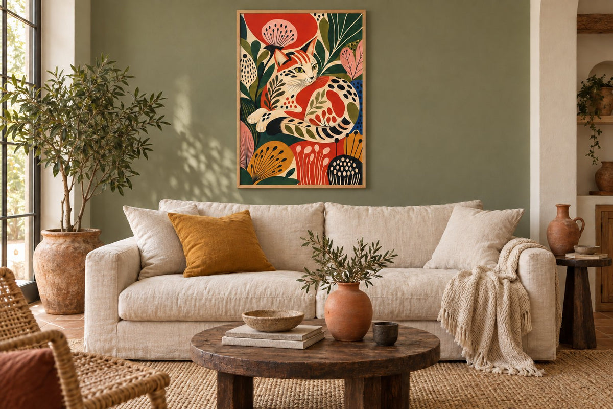 Dezelfde bohemian woonkamer en bloemenposter met kat op een olijfgroene muur