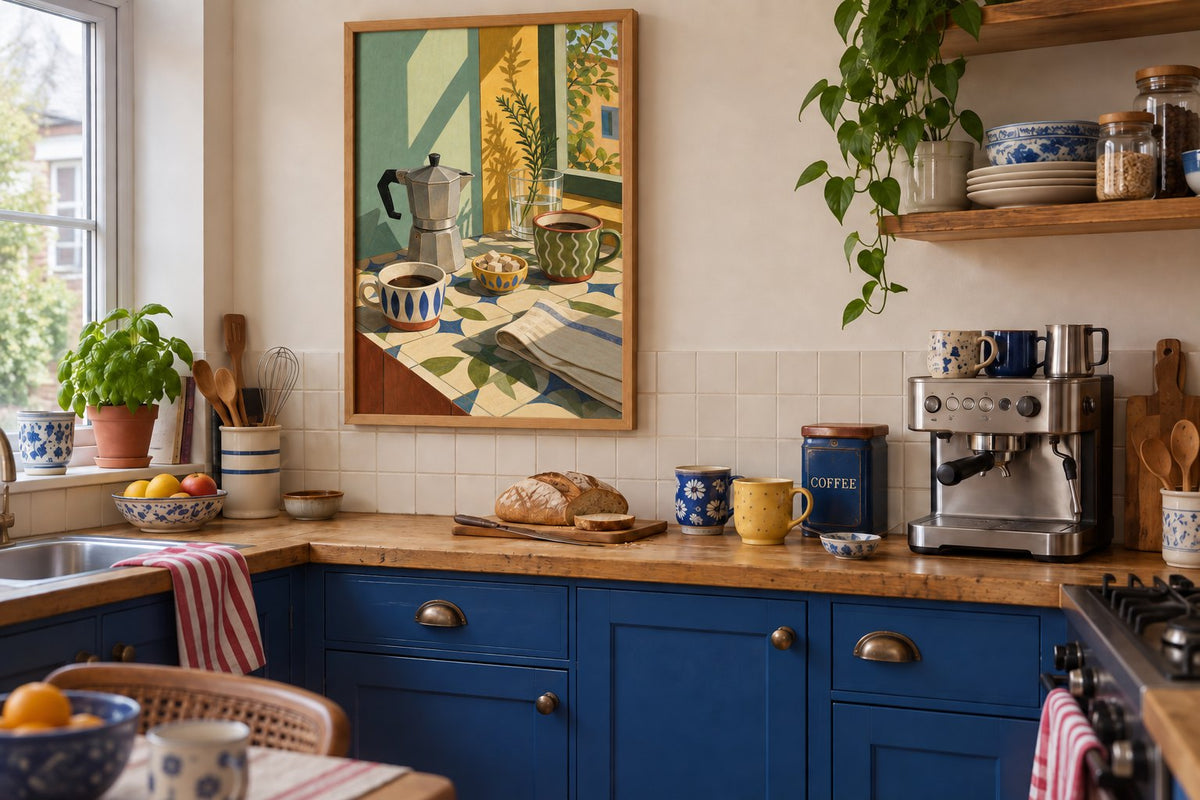 O mesmo cantinho do café com um poster colorido de uma cafeteira moka e chávenas