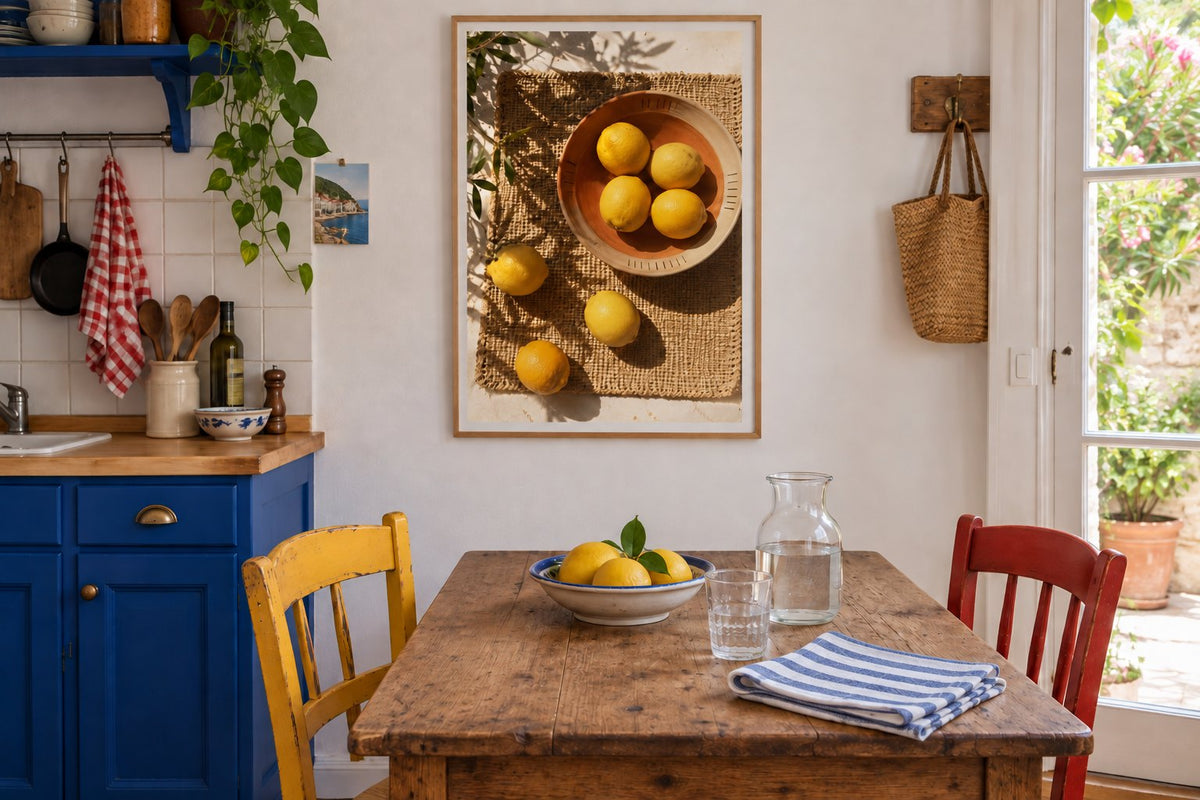 Même cuisine et même affiche de citrons avec un linge de table rayé bleu et blanc