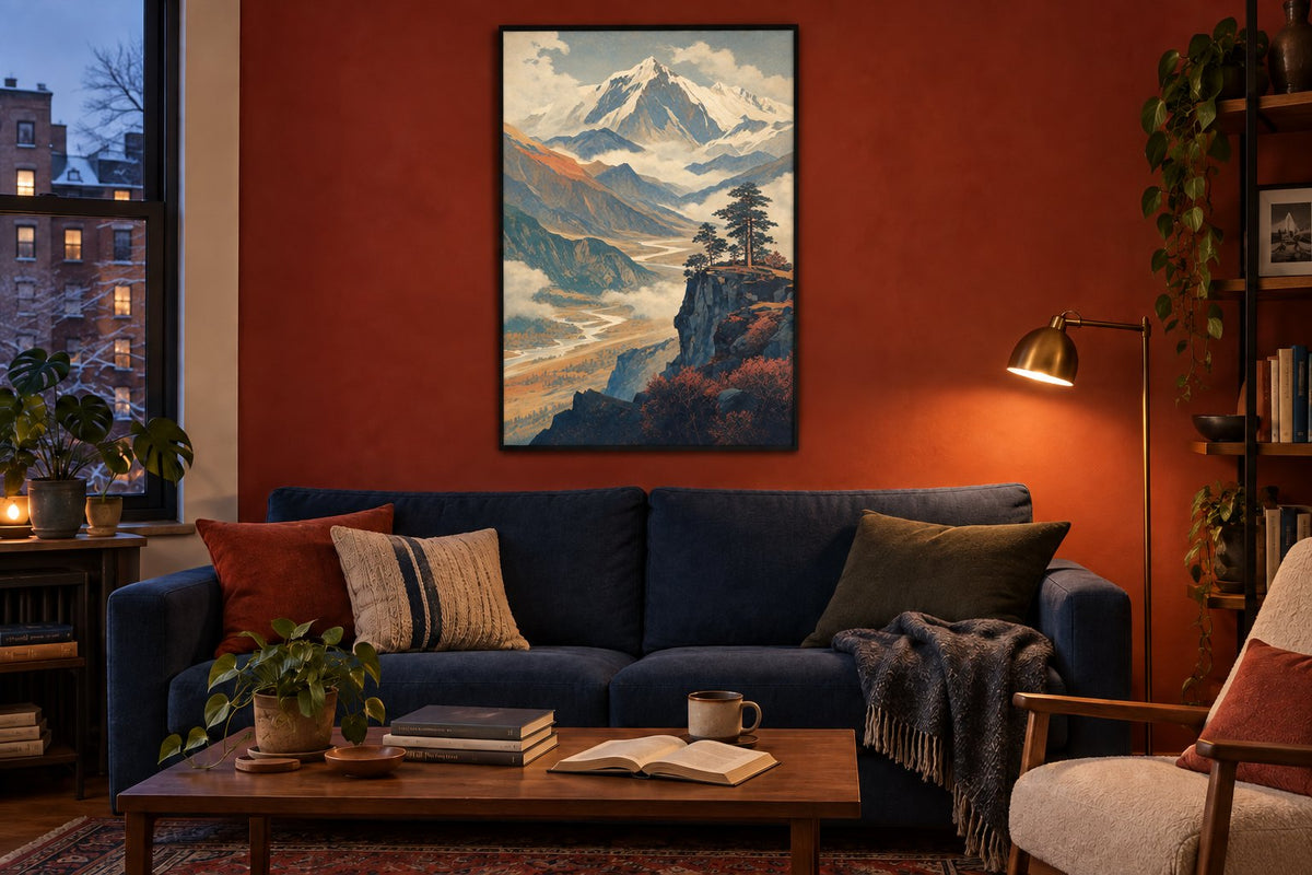 Dezelfde woonkamer in blauw en baksteenrood met een besneeuwde top, dal en bomen in dezelfde lijst