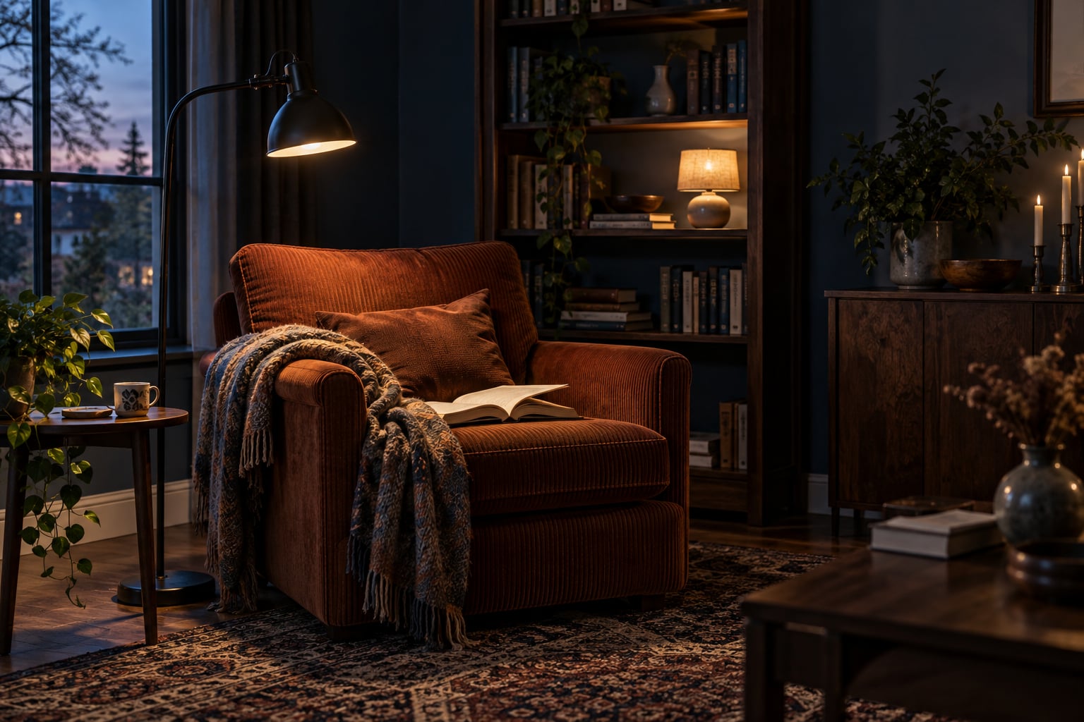 Sfeerillustratie: avondverlichting in een woonkamer met jarenzeventigaccenten, inktblauwe muren en een roestkleurige bank.