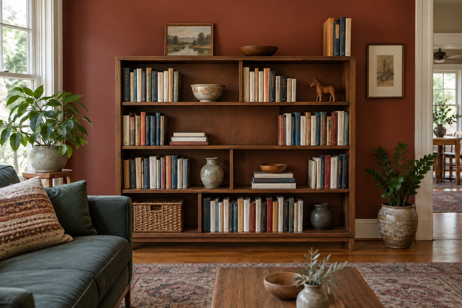 Librería de madera oscura en un salón color ladrillo, con libros y objetos personales espaciados.