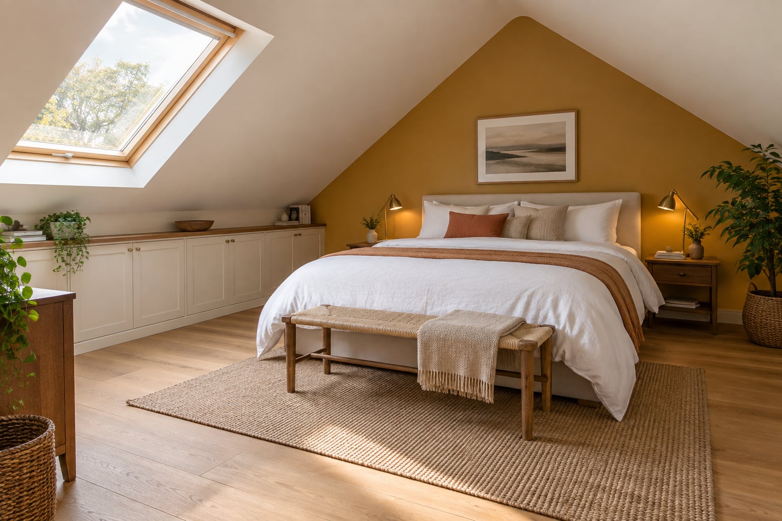 Weiß-ockerfarbenes Dachschlafzimmer mit Bett im hohen Bereich und niedrigem Stauraum unter den Schrägen.