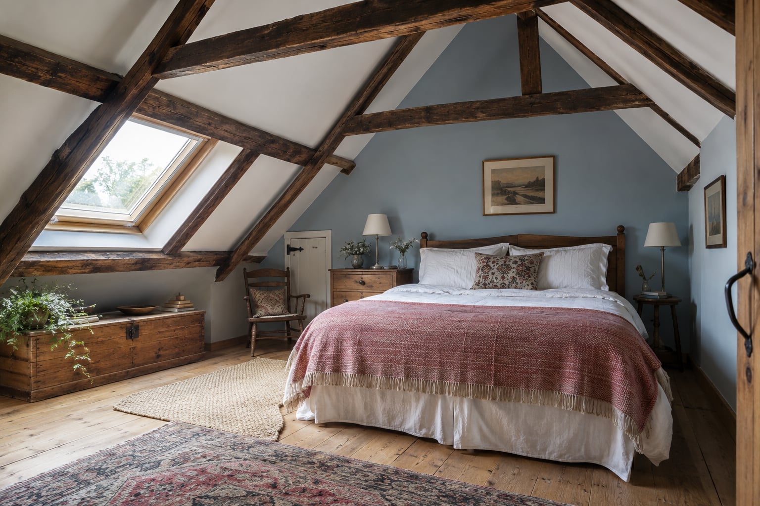 Dachschlafzimmer mit alten Balken, hellblauer Wand und alter Truhe unter der Schräge.