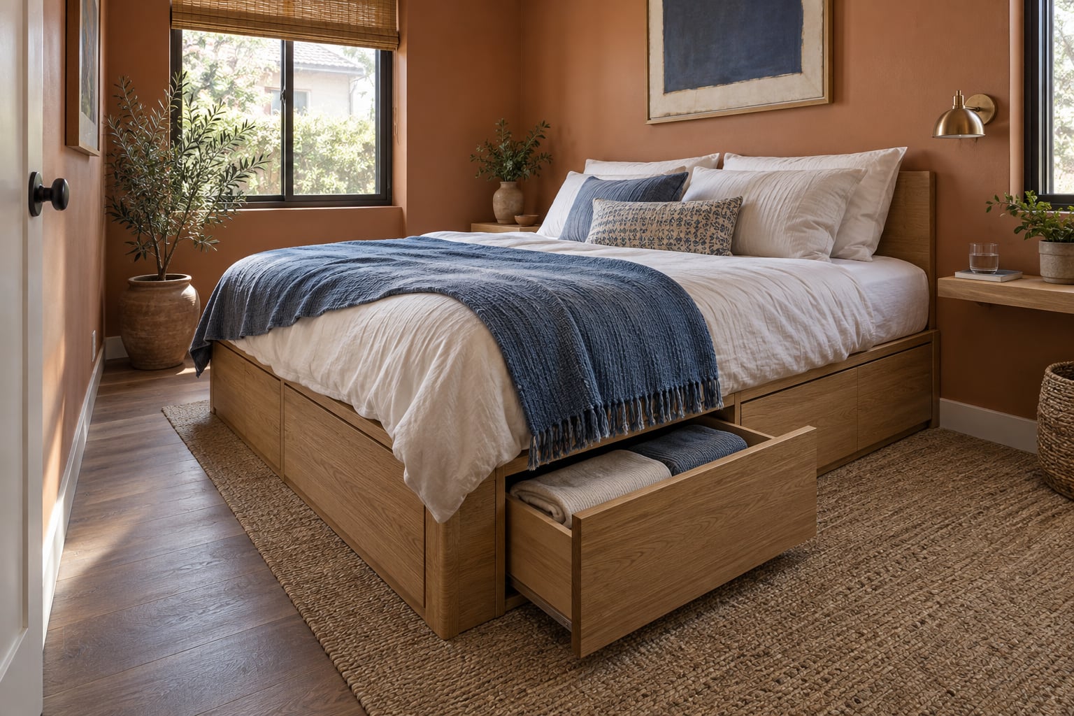 Petite chambre terracotta avec tiroirs sous le lit, passage dégagé et tablette de chevet.