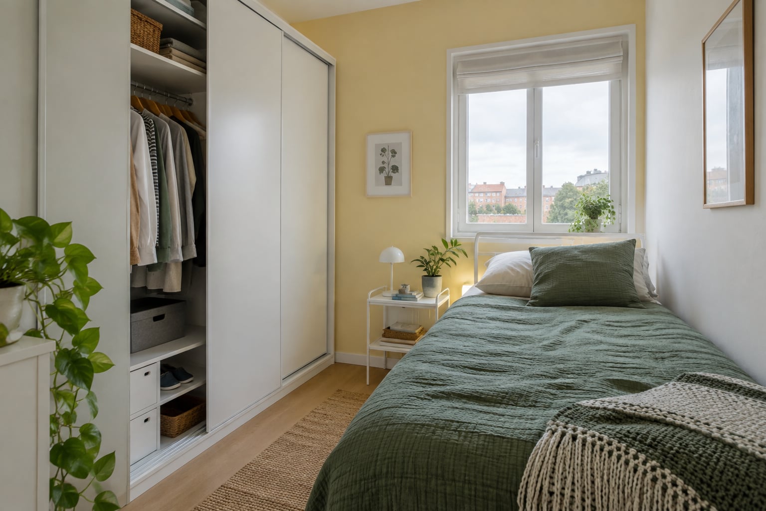 Chambre compacte jaune pâle et blanche avec armoire à portes coulissantes.