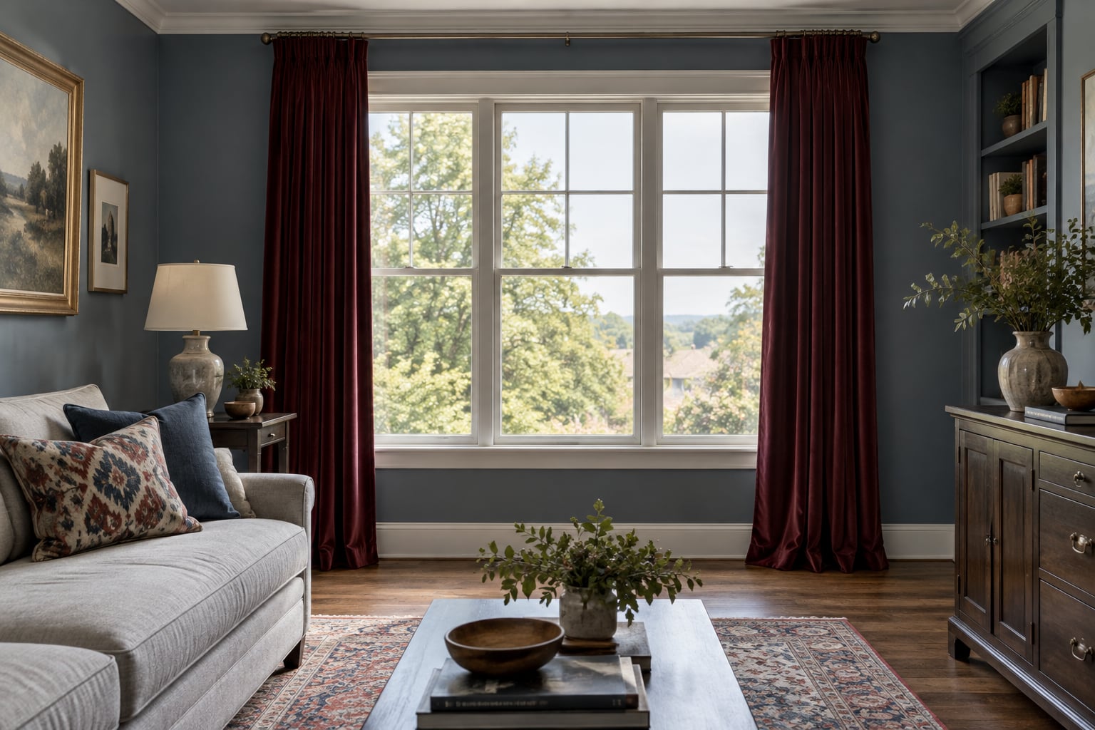 Graublaues Wohnzimmer mit langen bordeauxfarbenen Vorhängen seitlich des Fensters.