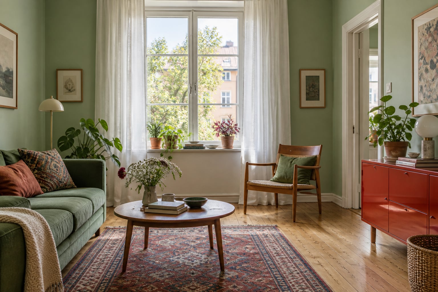 Mintgrünes Wohnzimmer mit weißen transparenten Vorhängen am frei zugänglichen Fenster.