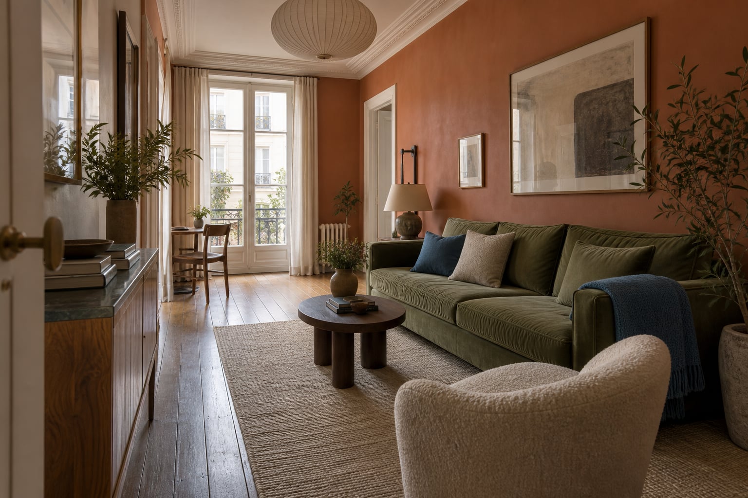 Langes terrakottafarbenes Wohnzimmer mit olivgrünem Sofa, Sessel und Weg zu den Fenstern.