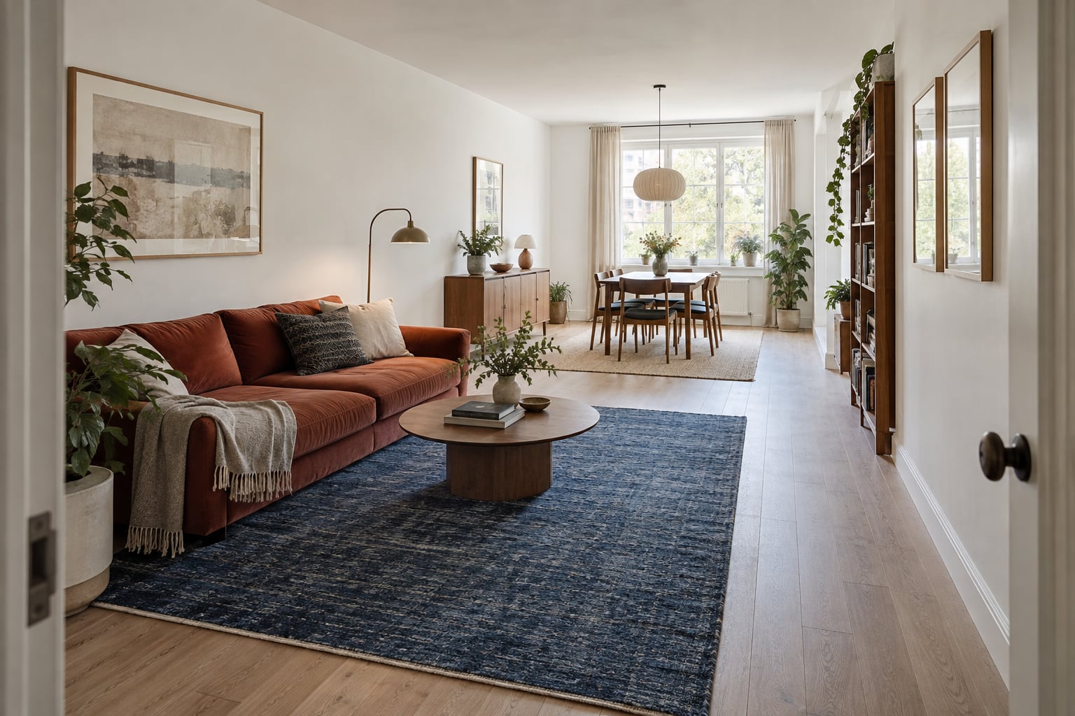 Langes weißes Wohnzimmer mit blauem Teppich und durch Möbel angeordnetem Essbereich.