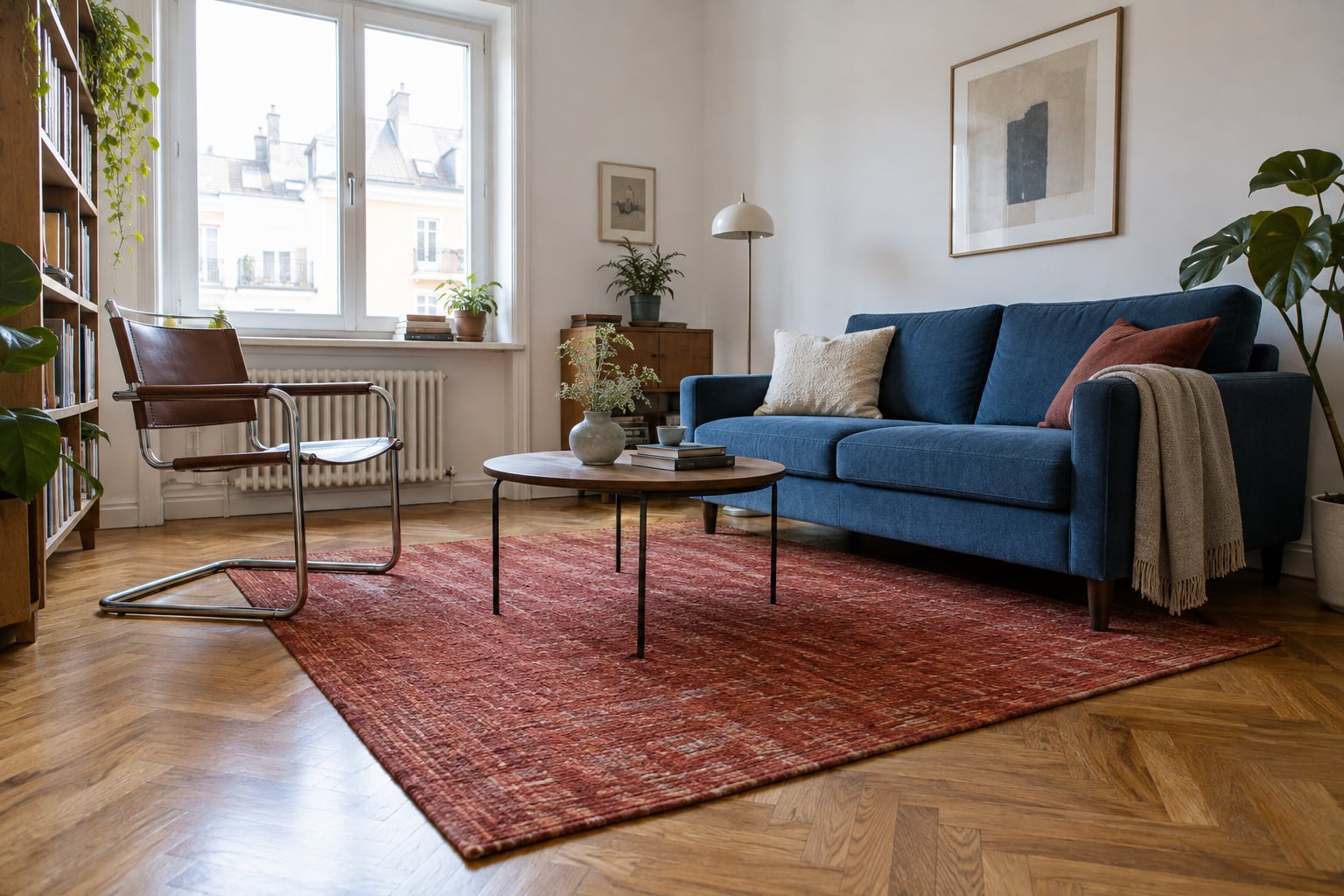 Kleines weißes Wohnzimmer mit Chromsessel, blauem Sofa und flachem rotem Teppich.