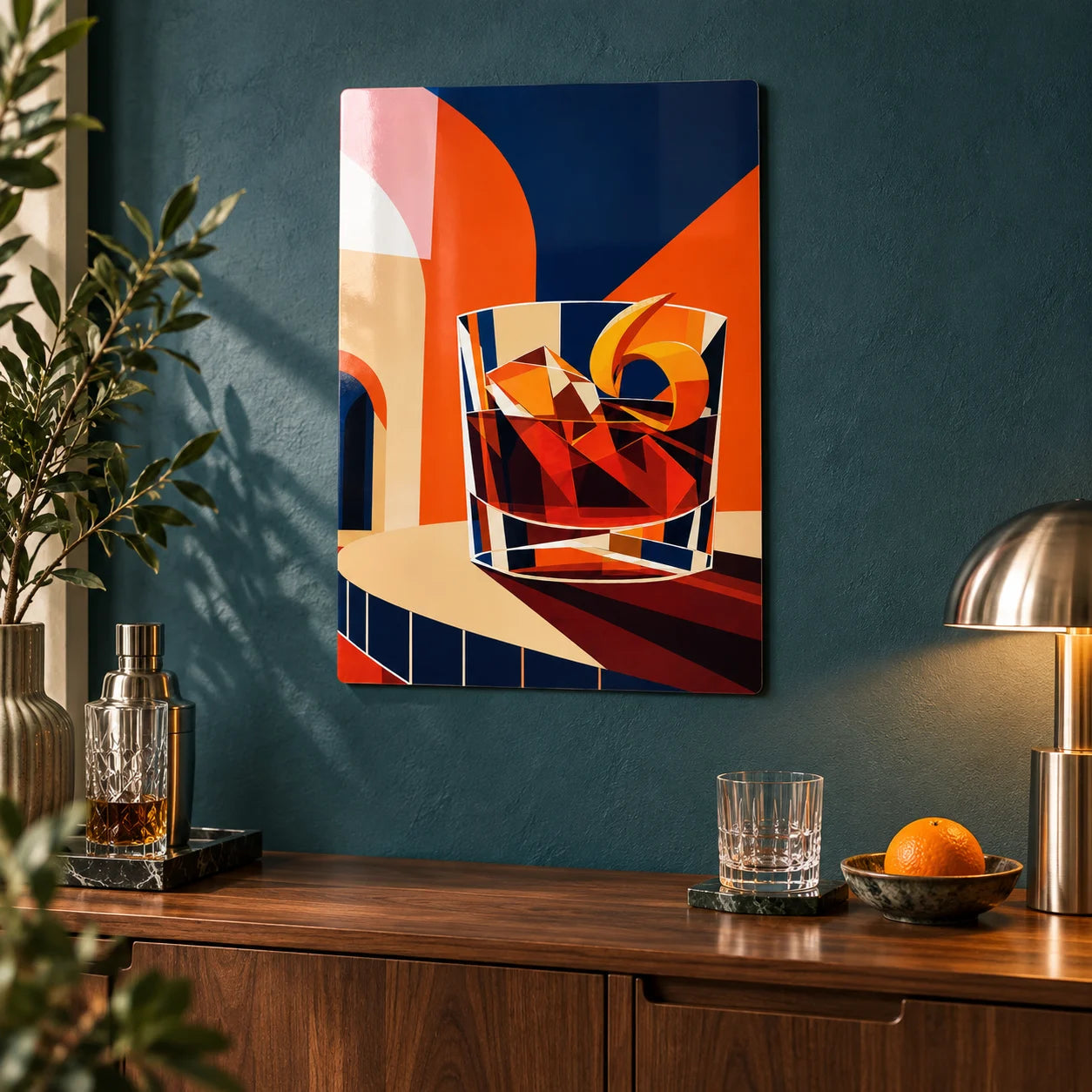 Une affiche métal au motif de cocktail dans un intérieur avec un meuble en noyer