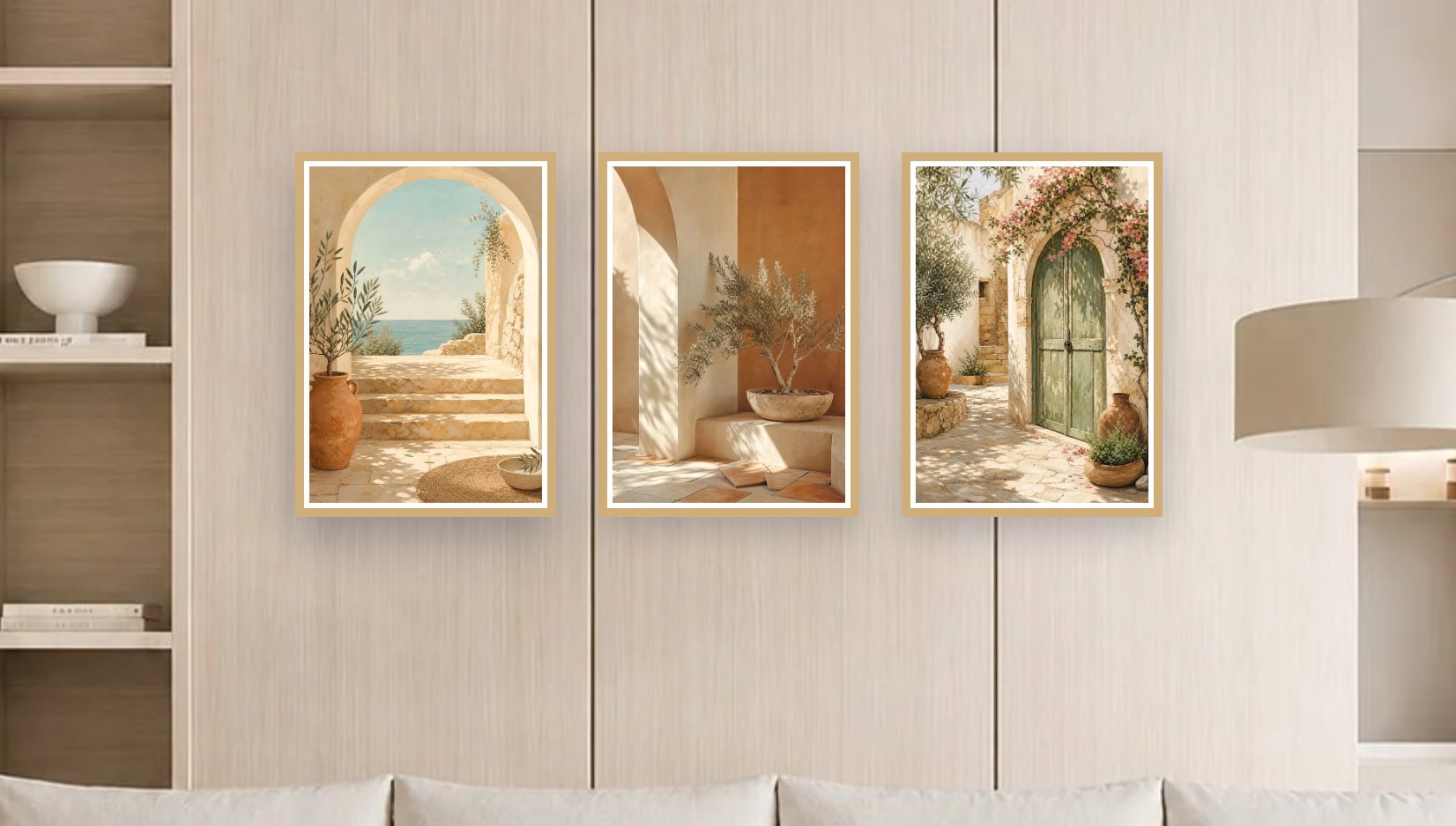 Trois affiches méditerranéennes en cadres chêne clair sur un mur blanc cassé.