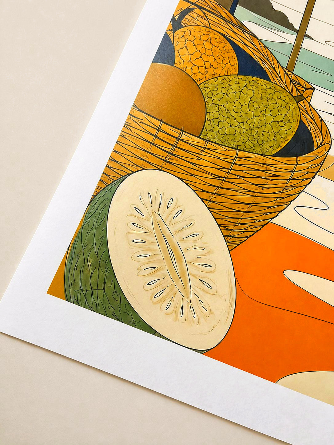 Close-up of the corner of a print: the white border, the grain of the fine art paper and the printed colours