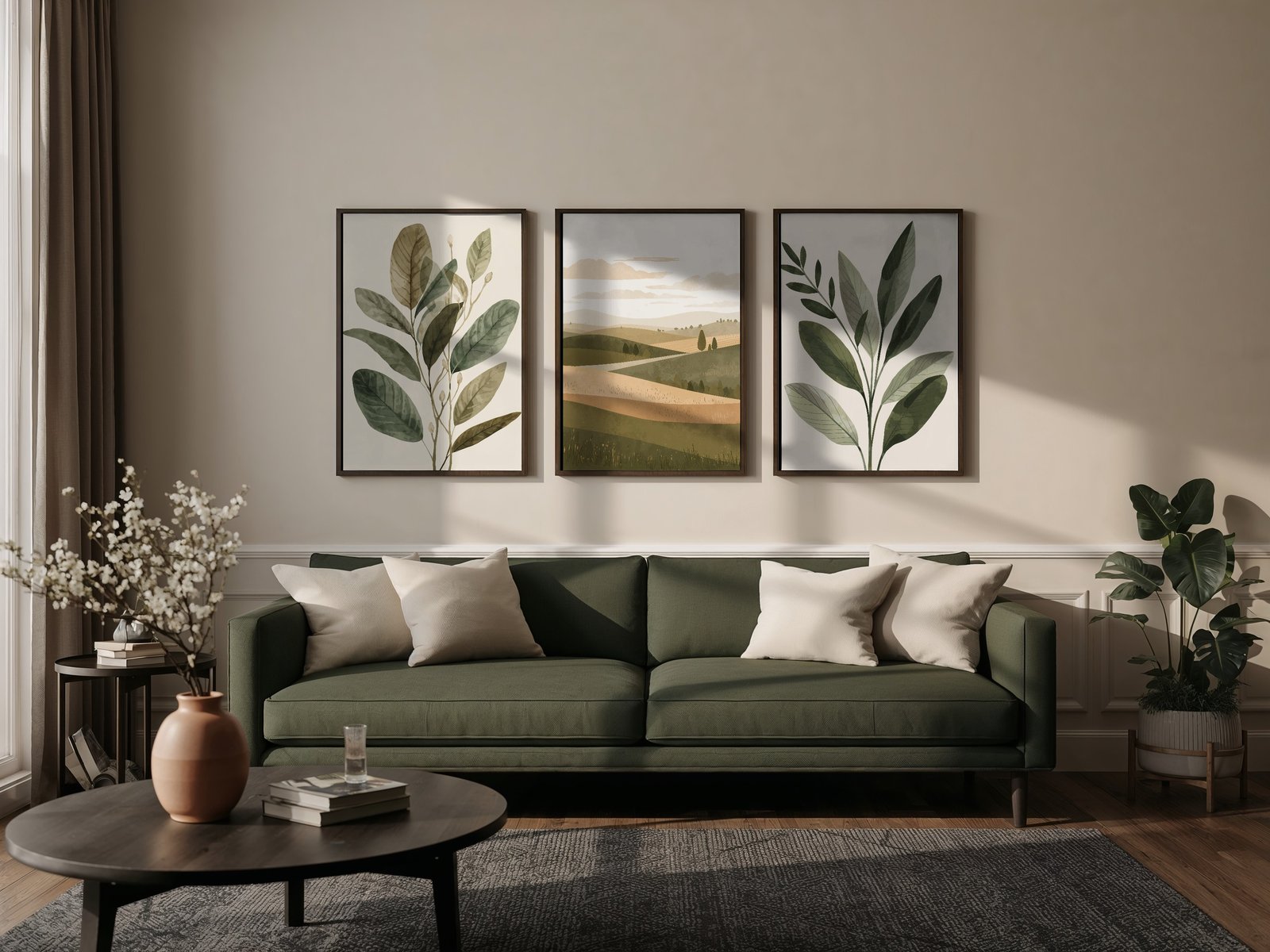 Drie botanische posters van hetzelfde formaat in donkere houten lijsten, uitgelijnd boven een groene bank.